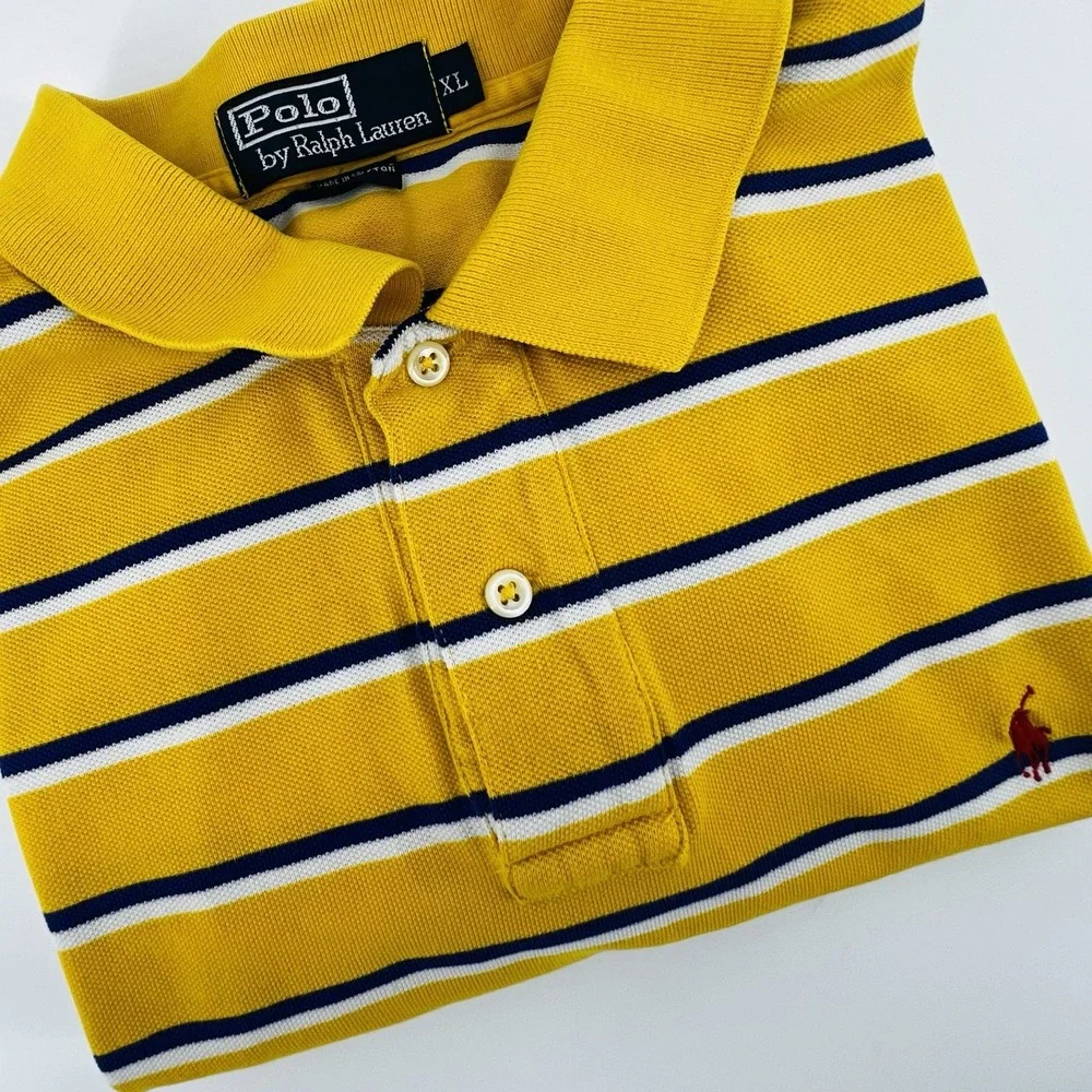 Vintage Polo Ralph Lauren Rugby Shirt XL Yellow Stripe‎ Red Pony Cotton Y2K